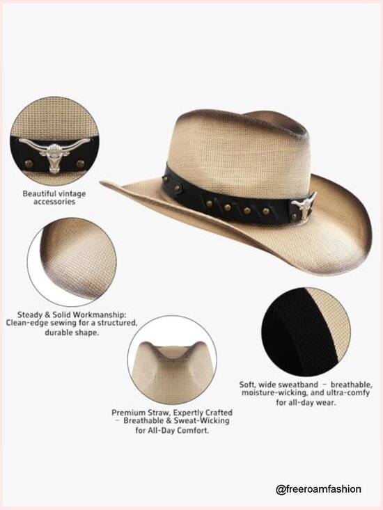 Straw Western Cowboy Hat with Bull Head Studded Band Wide Brim main image 5